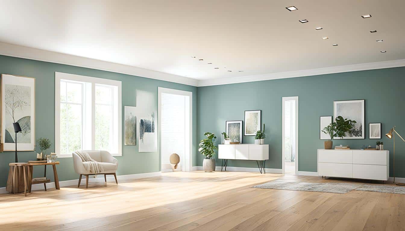 An empty living room with green walls and a wooden floor.