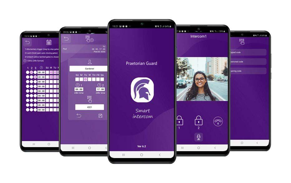 A group of purple phones sitting next to each other on a white background.