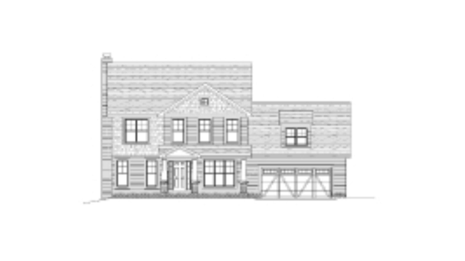 A black and white drawing of a house on a white background.