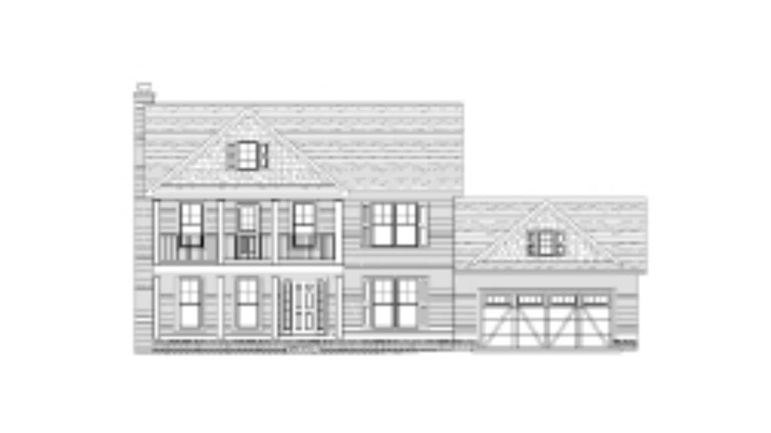 A black and white drawing of a house on a white background.