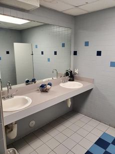 Public restroom with two sinks, mirror, blue and white tiled floor and walls.