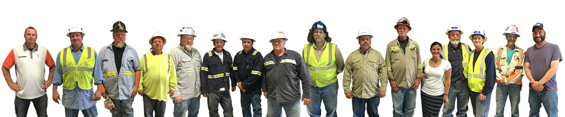 A group of construction workers are standing in a row. A group of construction workers are standing in a row.