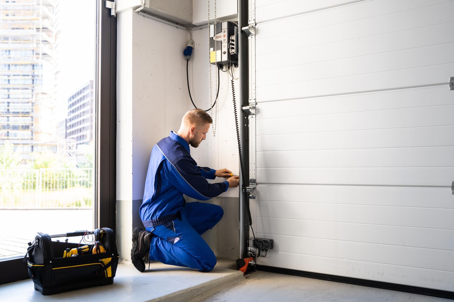A professional technician in blue workwear kneeling and repairing a garage door control unit on a white wall.