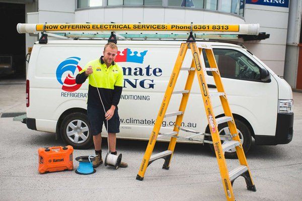 Man holding Wires Besides the Ladder — Solar Repairs  in Orange, NSW