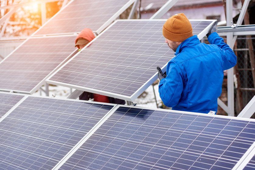 Technicians in Blue Suit Installing Solar Panel — Solar Installers in Forbes , NSW