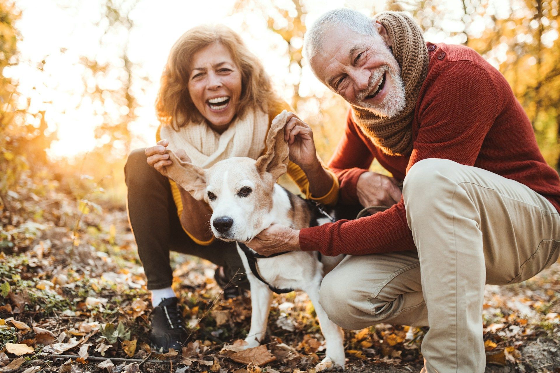 Smiling senior couple petting a dog outdoors in autumn foliage.
