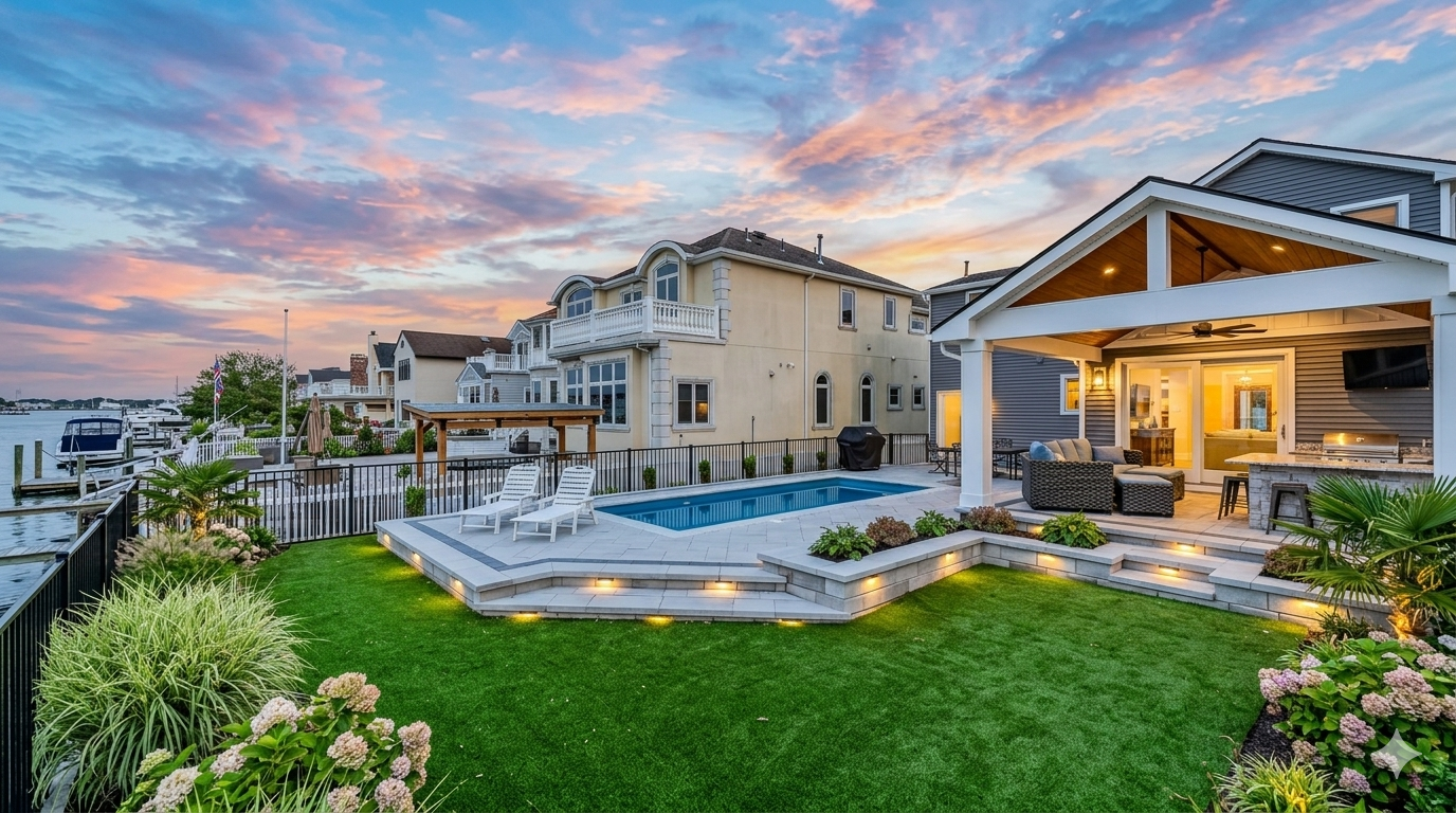 Landscape Lighting Rumson NJ. Modern house with lit patio, pool, and landscaped backyard at sunset