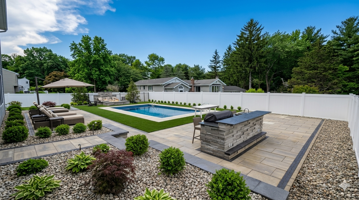 Landscape Companyt in Holmdel. Modern landscaped backyard with pool, patio, fire pit, and white fence under a blue sky