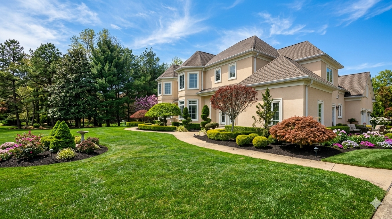 Colts Neck Landscape Construction. Large beige suburban house with a manicured lawn, flower beds, and a curved stone walkway under a blue sky