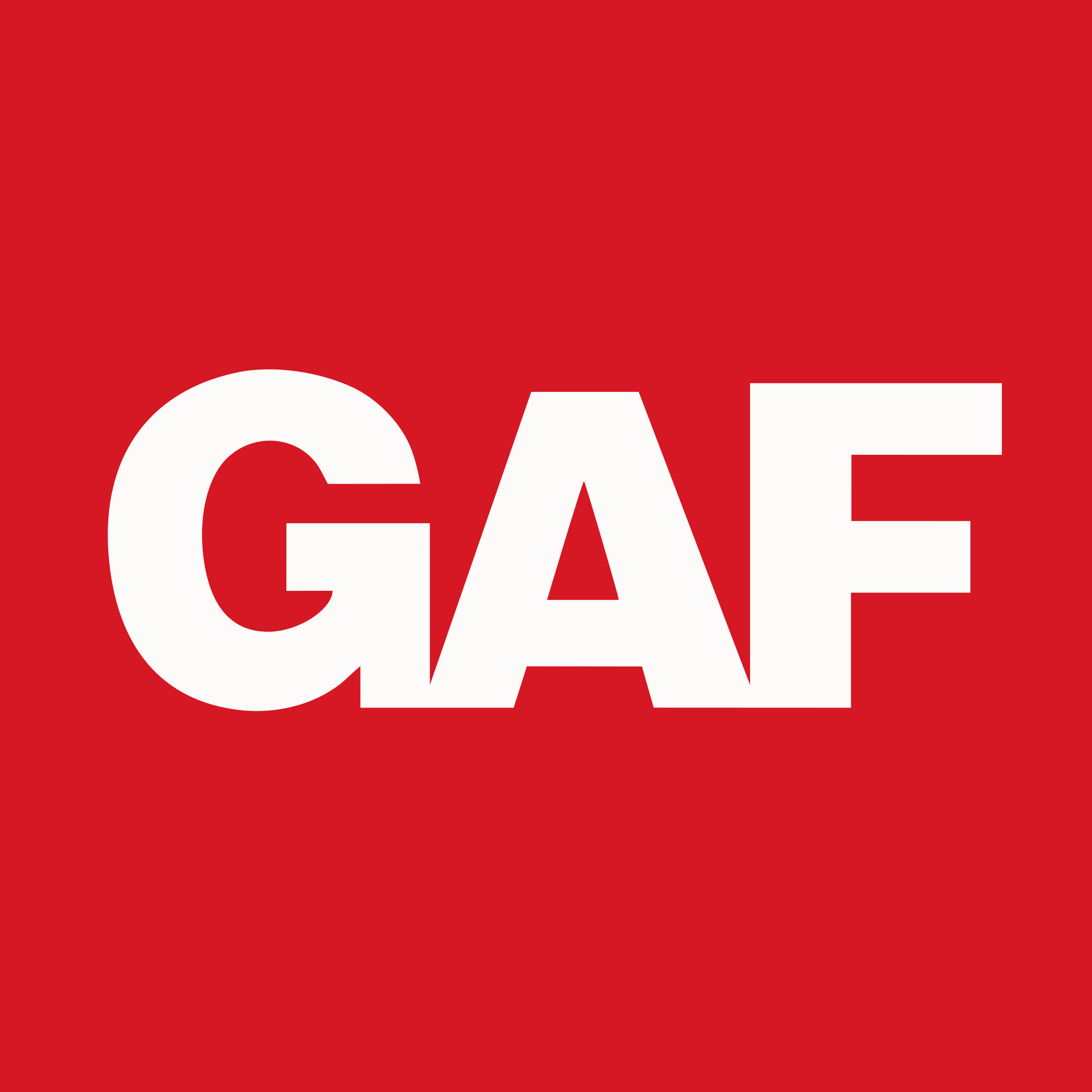 GAF logo: White letters on a red background.