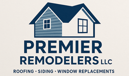 Logo of Premier Remodelers: a house in shades of blue with the company name and services listed below.