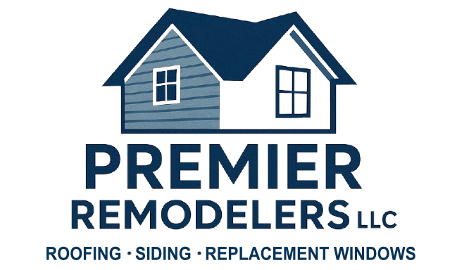 Logo of Premier Remodelers: a house in shades of blue with the company name and services listed below.