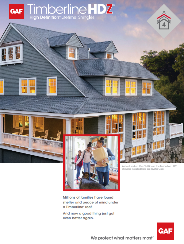 GAF Timberline HDZ shingle ad: house with family, dog, and copy.