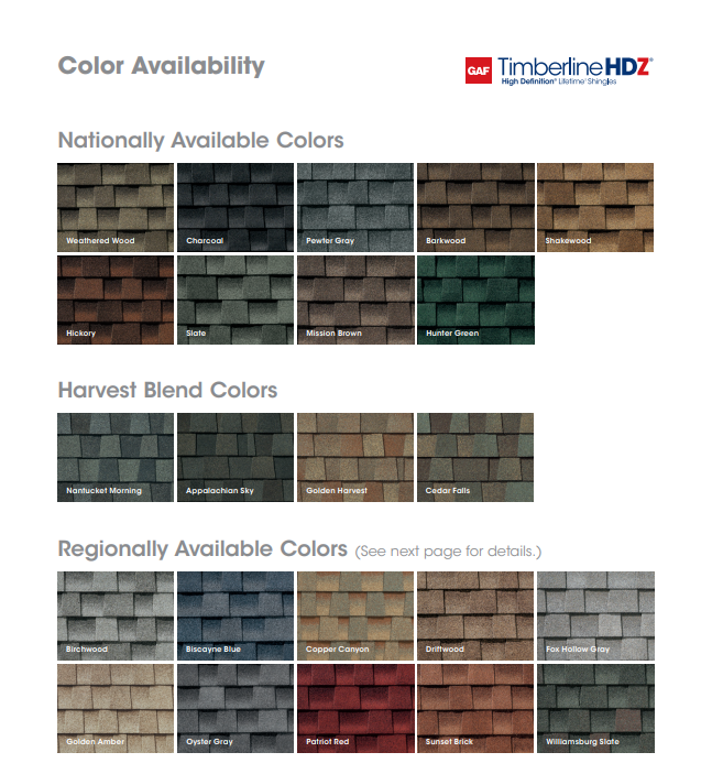 Color swatches of roofing shingles in various colors and styles; lists color availability.
