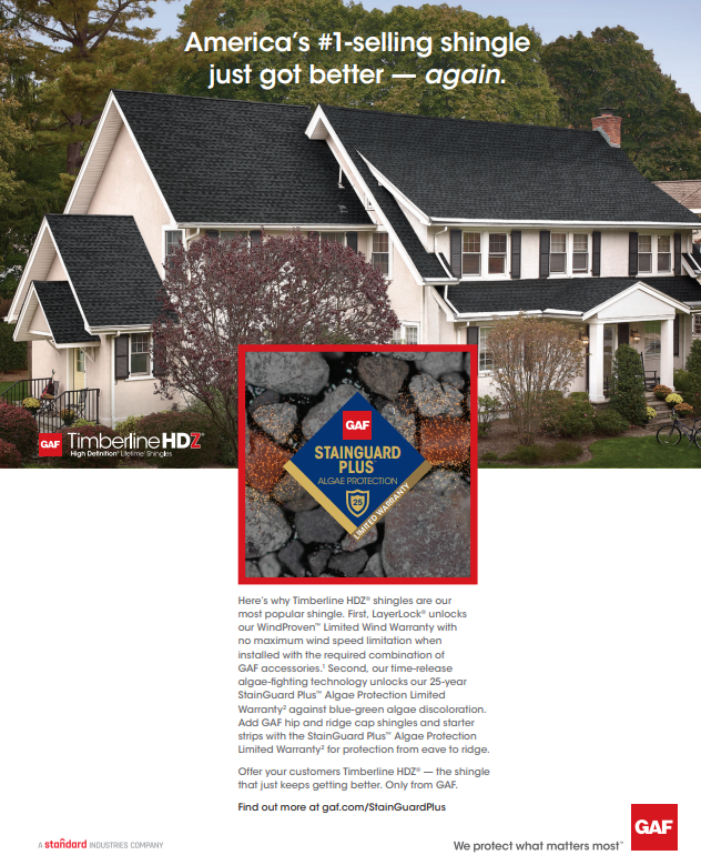 Advertisement: House with new black shingle roof. Close-up of shingle package,