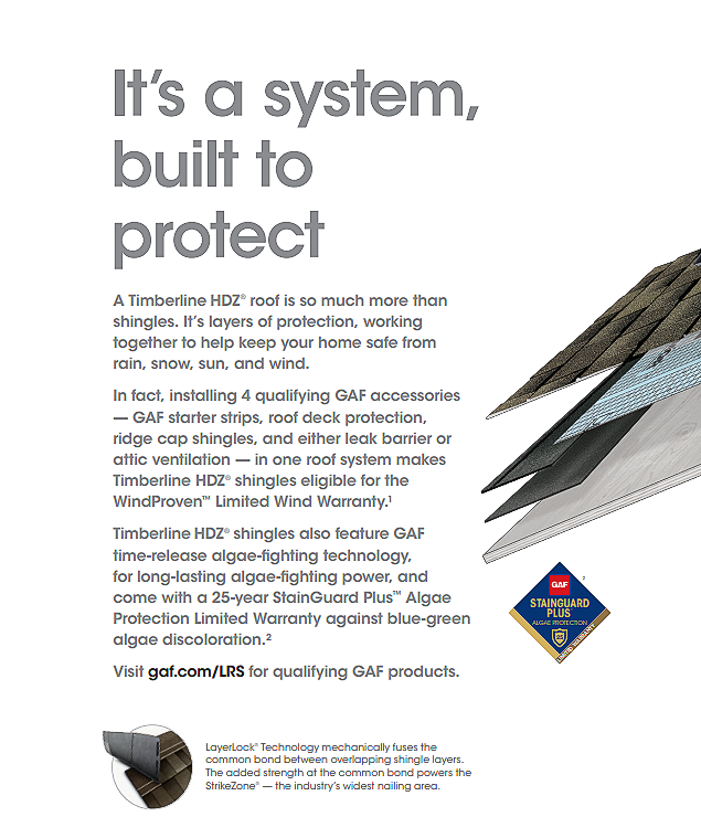 Advertisement for Timberline HDZ roofing system, with layered roof diagram and text about protection from the elements.