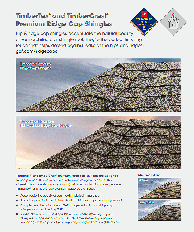 Brochure of Timbertex and TimberCrest premium ridge cap shingles. Shows roof examples and text about the product.