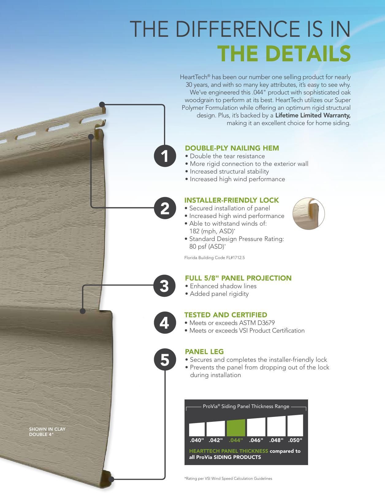 Diagram of tan vinyl siding showing details like double-ply building web, reinforced rigidity lock, and tested ratings.