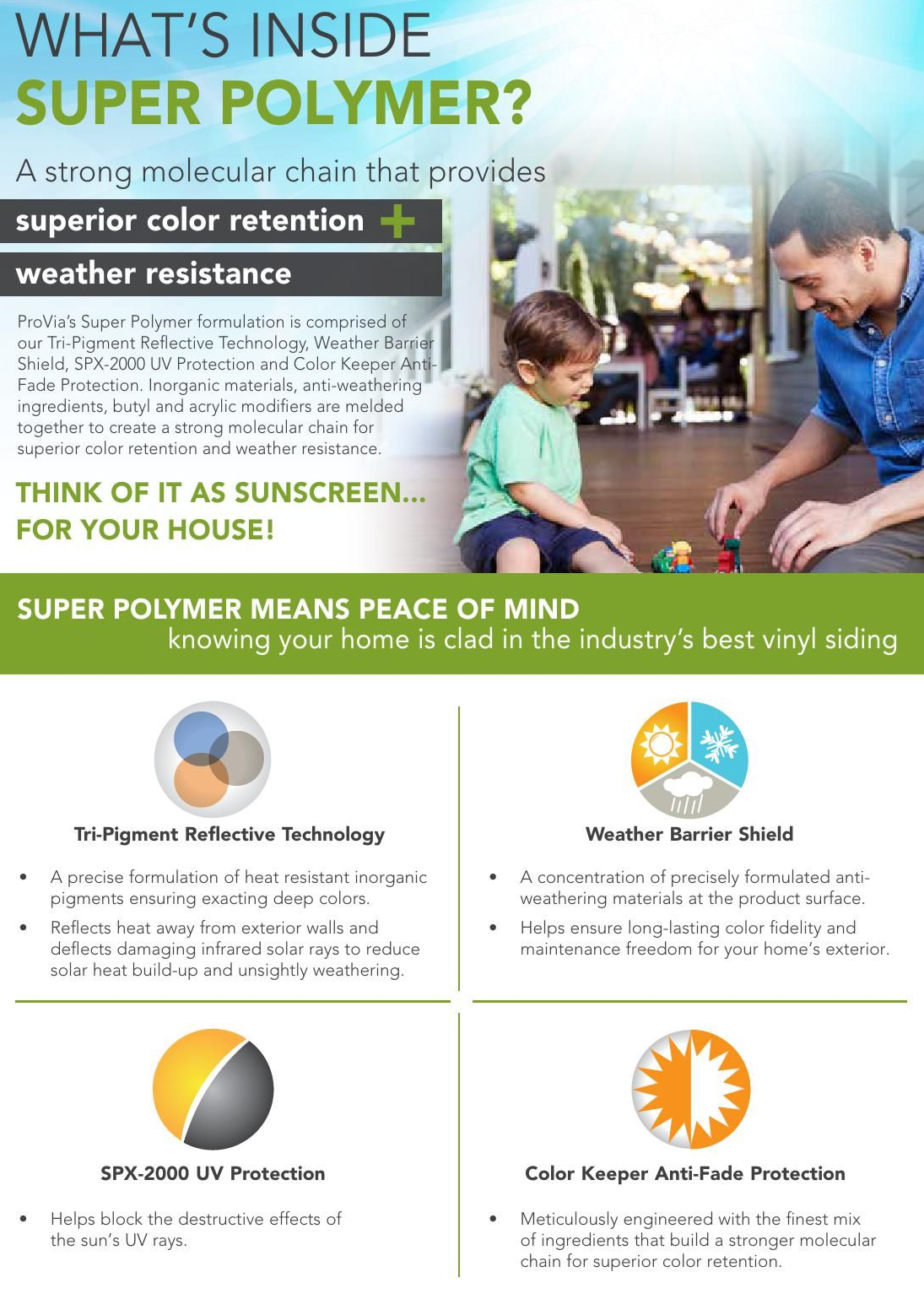 Brochure about vinyl siding features. Includes a father and child playing on a porch.