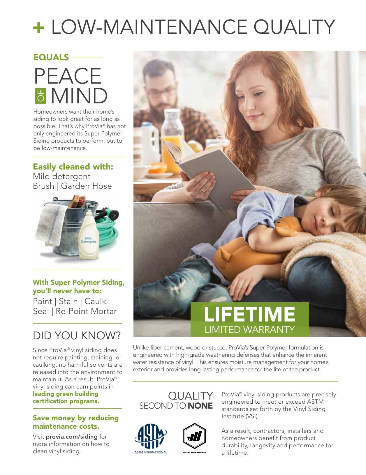 Family relaxing on a couch, focused on a tablet. Text emphasizes low-maintenance quality with a lifetime warranty.