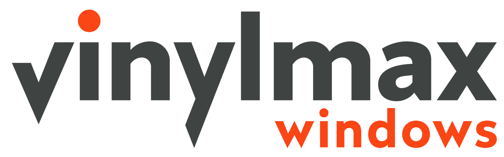 Logo for Vinylmax Windows; gray text, a red dot above