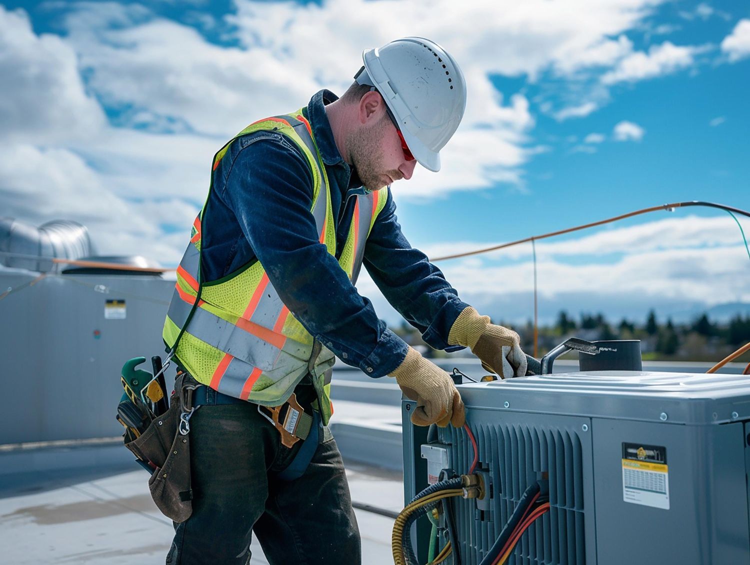 A man wearing a hard hat and safety vest is working on an air conditioner on a roof.