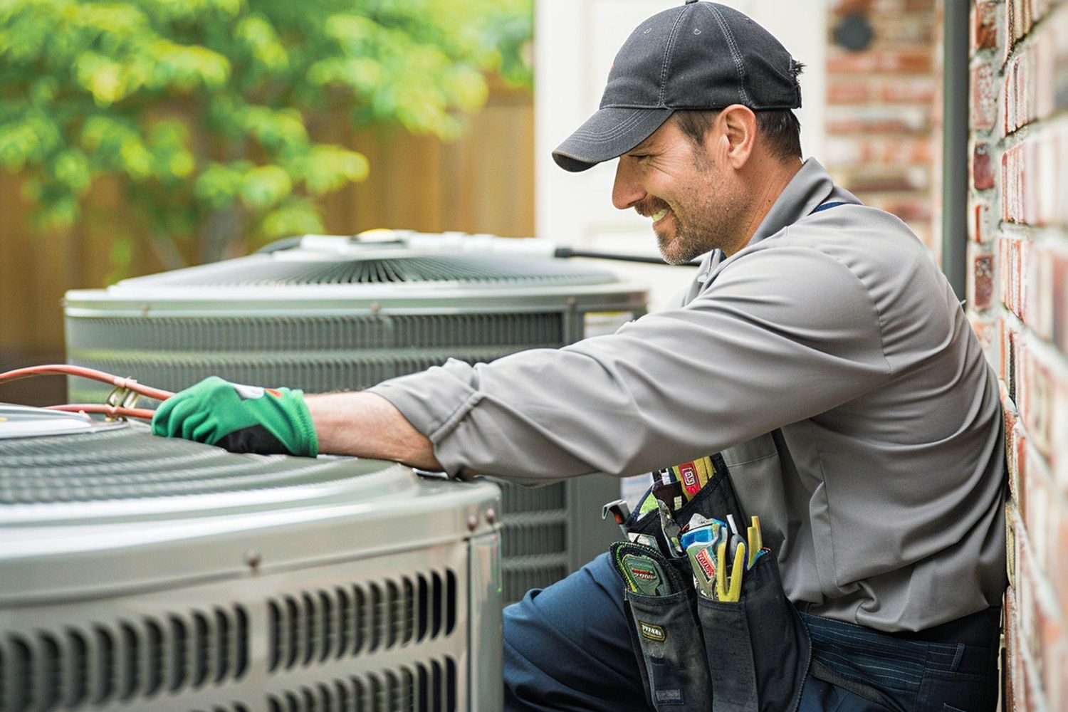 A man is working on an air conditioner outside of a house.