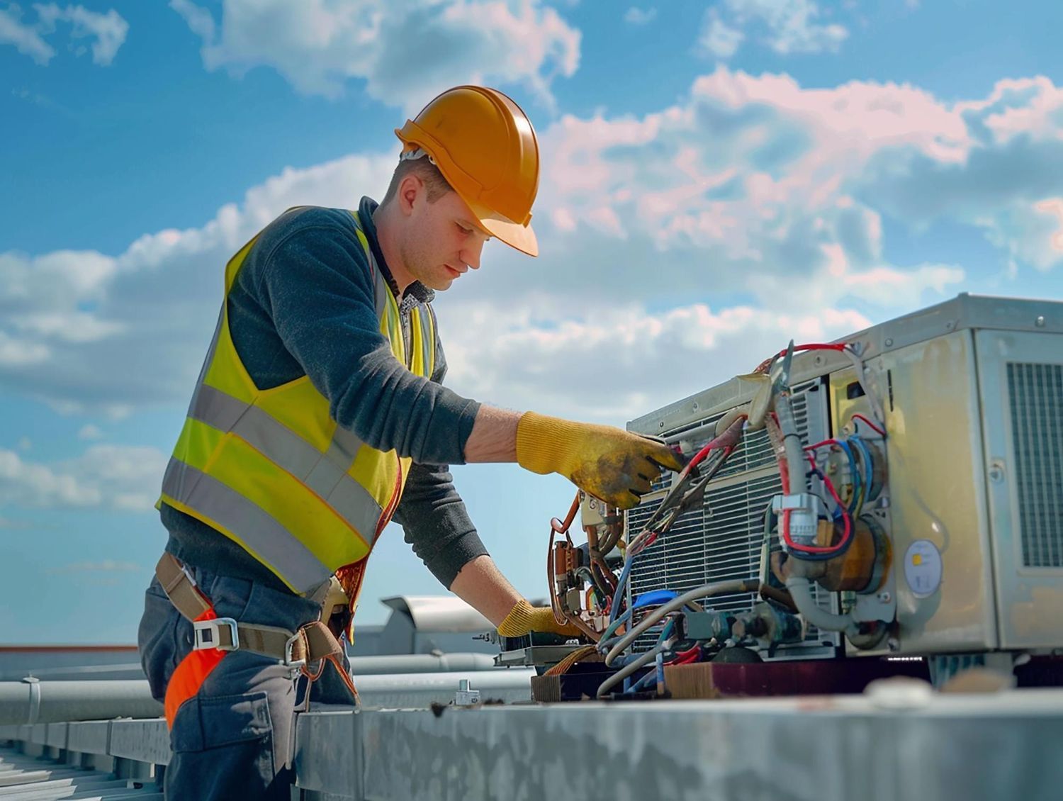 A man wearing a hard hat and safety vest is working on an air conditioner on a roof.