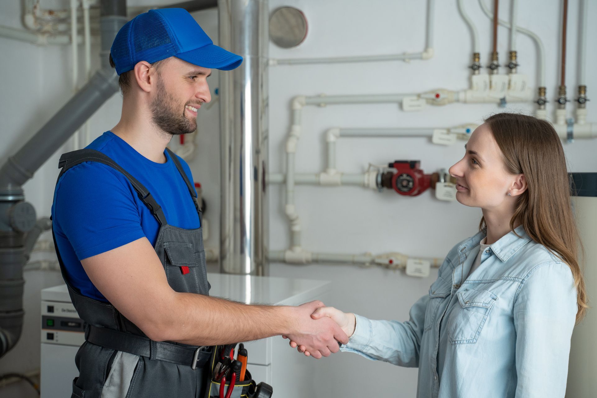 A plumber is shaking hands with a woman in a room.