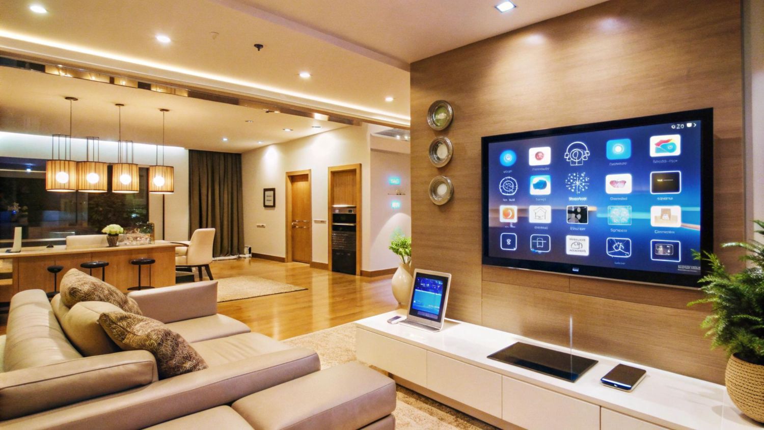 A living room with a couch and a flat screen tv on the wall.