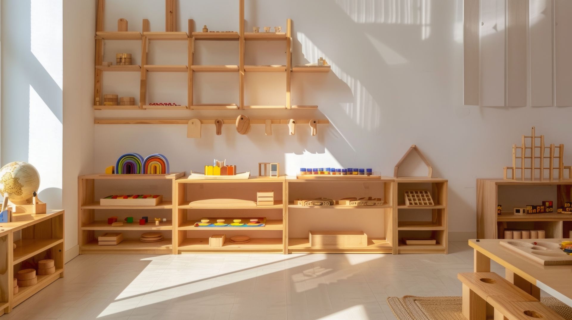 Ein Klassenzimmer voller Holzregale und Spielsachen.