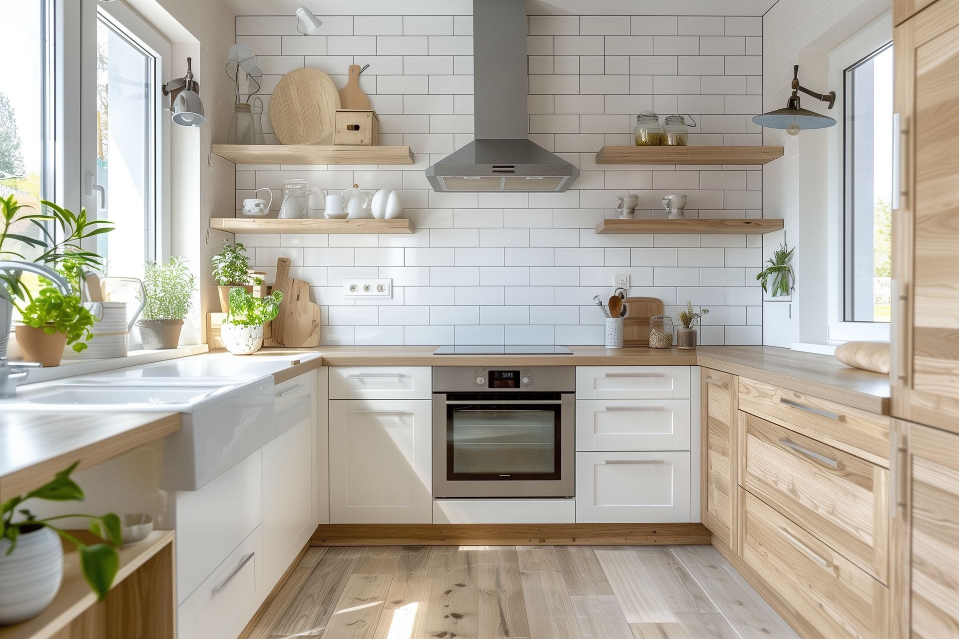 Eine Küche mit weißen Schränken, Holzregalen, einer Spüle und einem Herd.