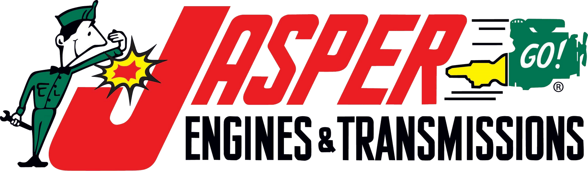 Jasper Engines & Transmissions logo with red “JASPER” text, green mascot, and “GO!” graphic