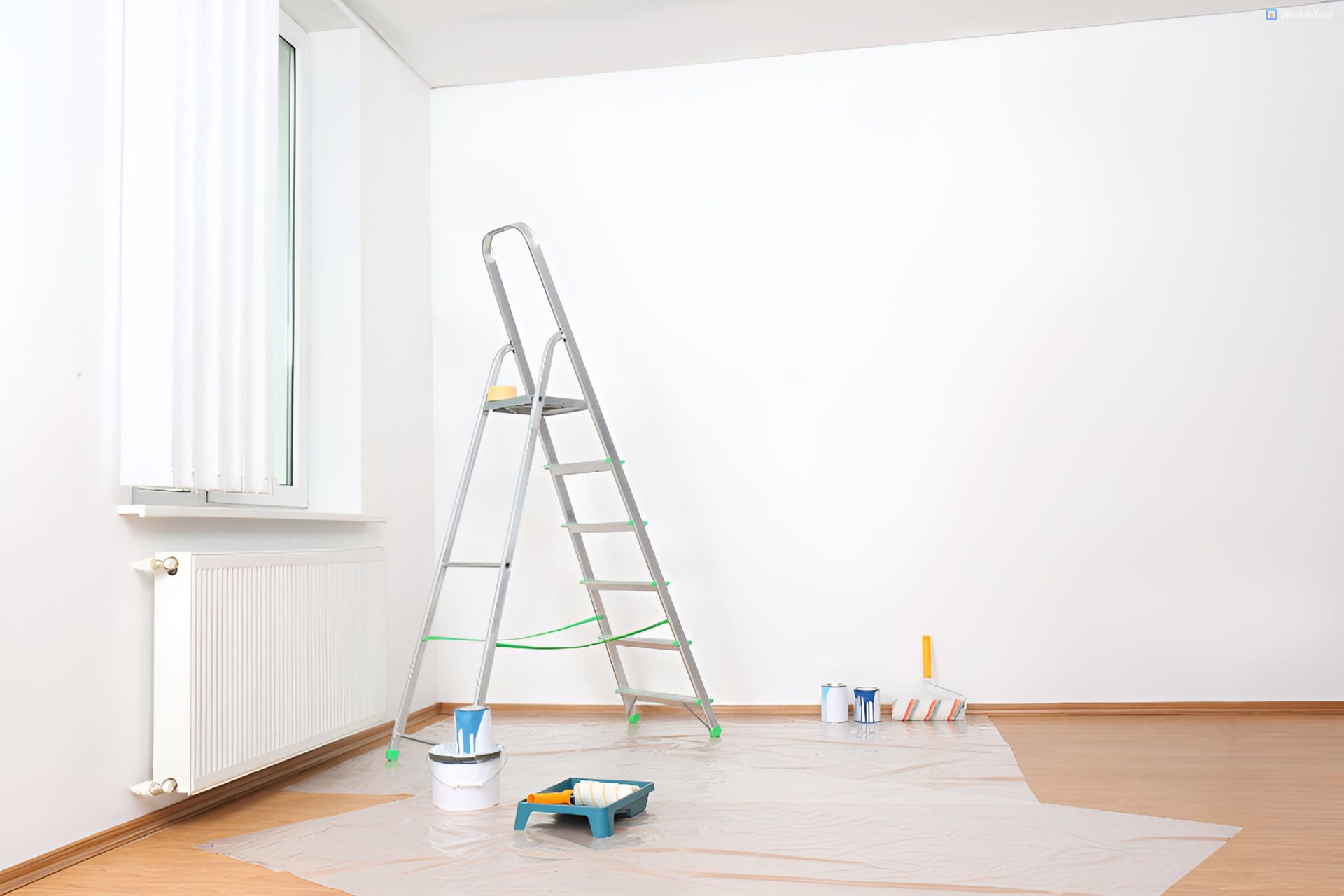 A room with painting supplies: ladder, paint cans, rollers, and drop cloth, ready for wall painting.