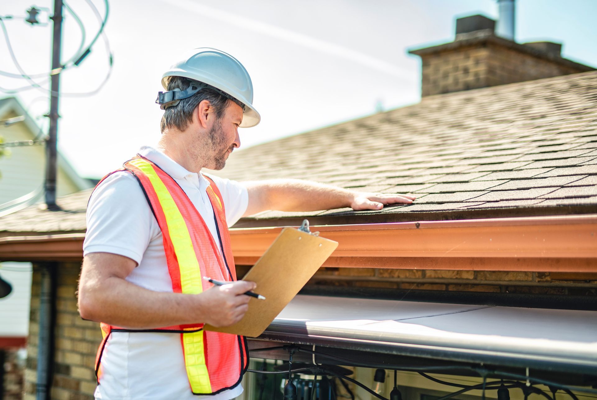 Inspector in hard hat and safety vest examines a rooftop, holding a clipboard.