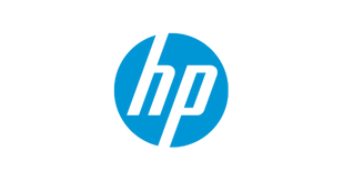 A blue and white hp logo on a white background