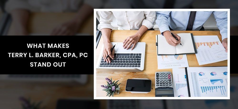 Two people working on a table with a laptop, calculator, documents. Text: