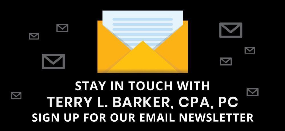 Email newsletter sign-up. An open yellow envelope with a document inside. Black background with white text and floating gray email icons.