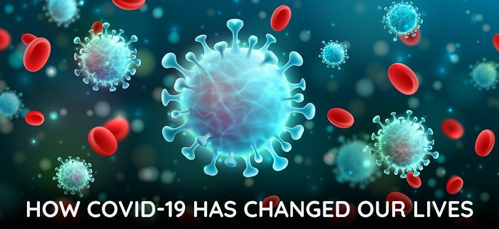 Artwork of COVID-19 viruses and red blood cells floating in a blue environment, text: