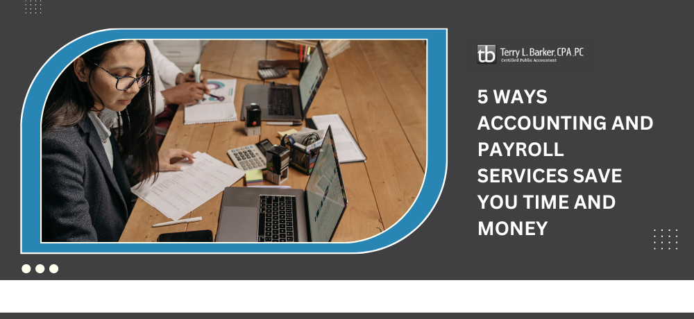Woman reviews paperwork with colleagues, promoting accounting/payroll services.