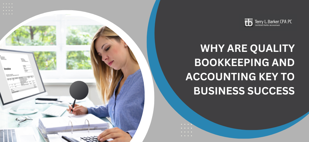 Woman working on bookkeeping; text: 