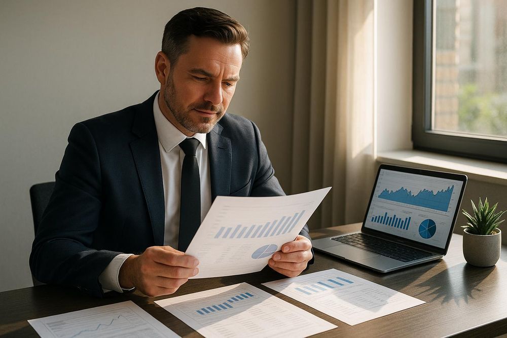 Man in suit reviewing financial reports, laptop with graphs on desk.