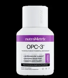 Bottle of nutraMetrix OPC-3 dietary supplement with a white and purple label promoting cardiovascular support and joint health.