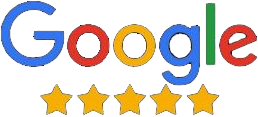 Google logo with five gold stars.