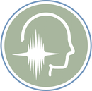 A white outline of a head with a soundwave inside a light green circle with a blue outline.