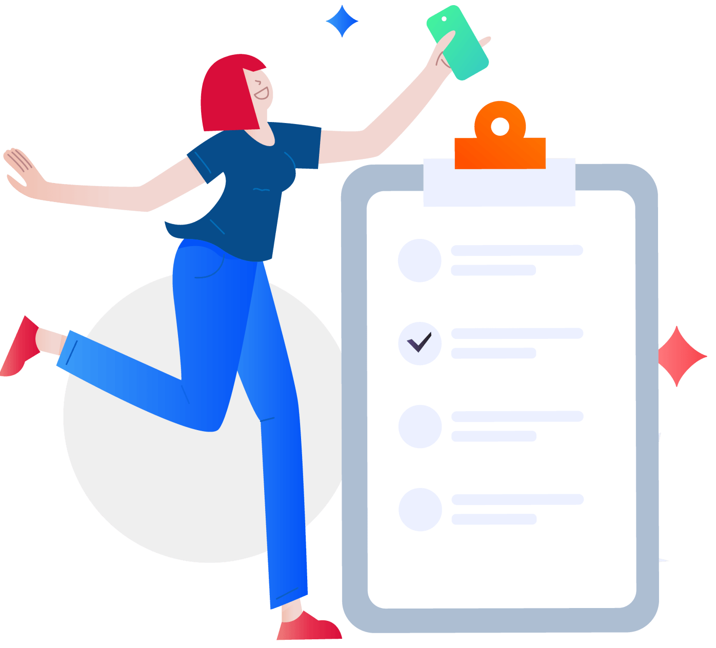 A woman is standing next to a clipboard with a checklist on it.