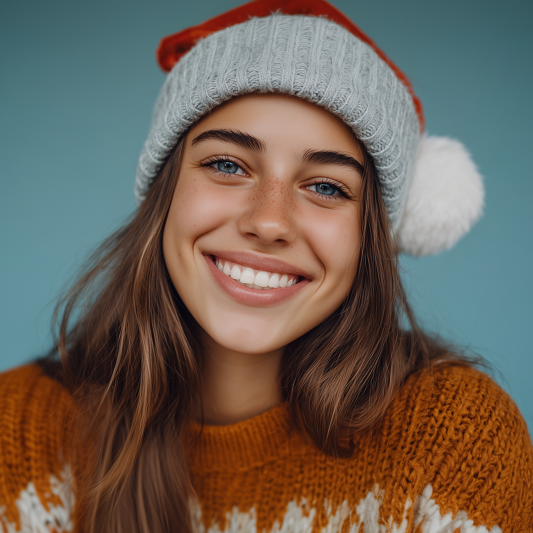 Woman wearing a Santa hat and orange sweater smiles, set against a blue background.