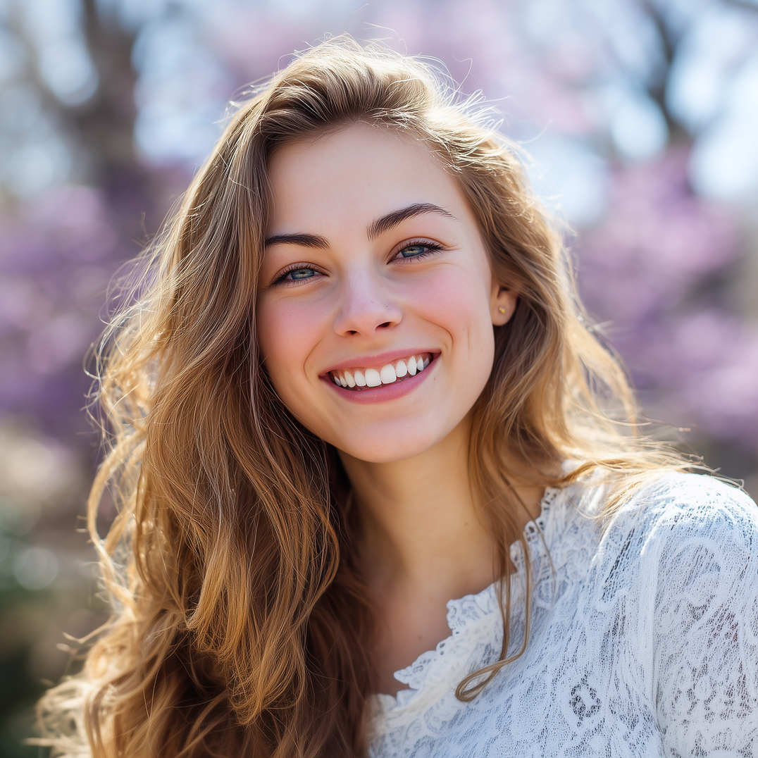 Smiling person with long wavy hair, wearing a white lace top, outdoors in front of out-of-focus purple flowers.