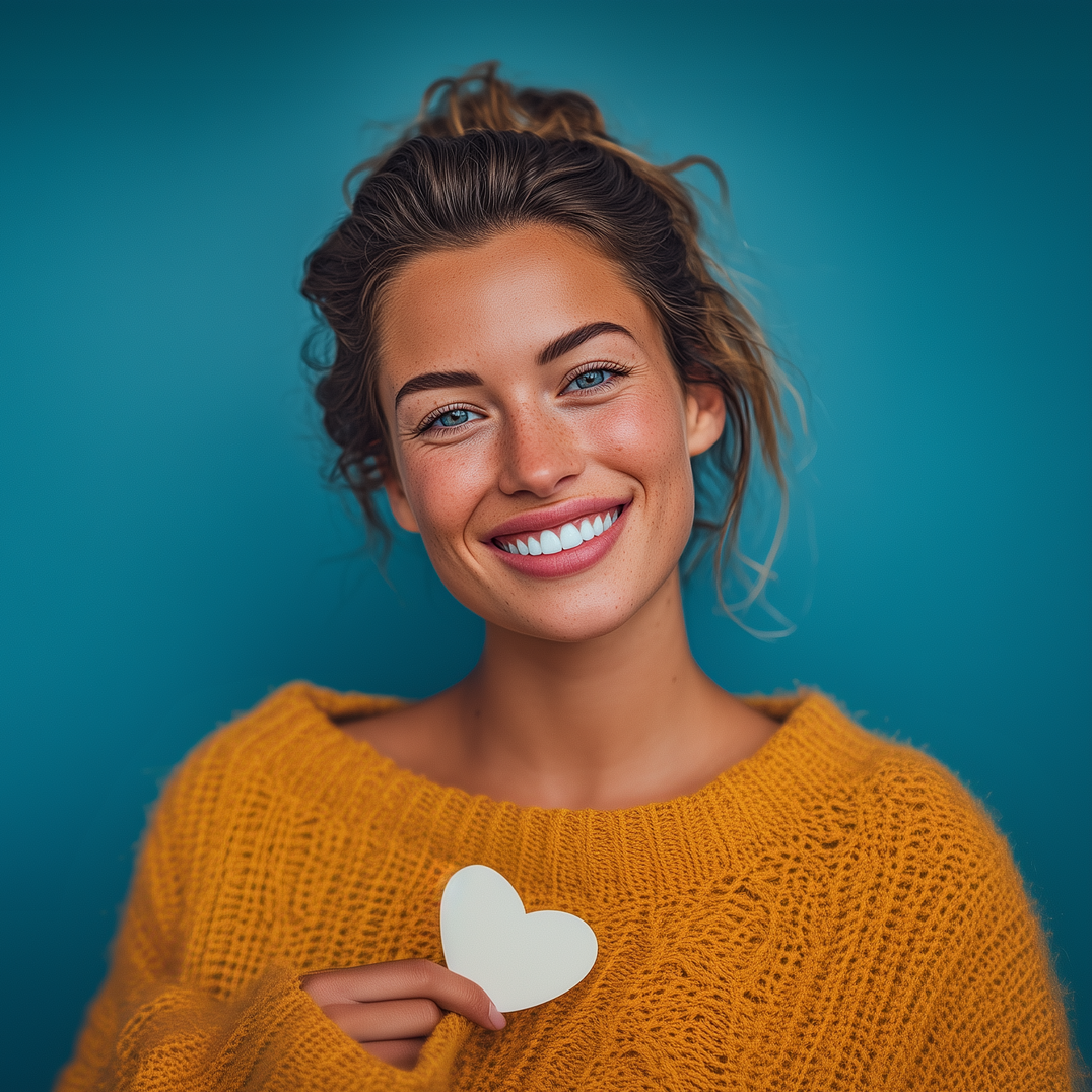 Woman with curly hair smiles brightly, holding a lit sparkler against a blue background, wearing an orange sweater.