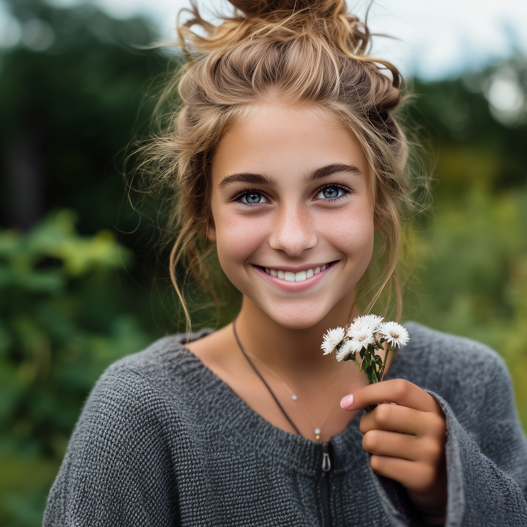 Woman smiling, holding white flowers, wearing a gray sweater, messy bun hairstyle, outdoors.